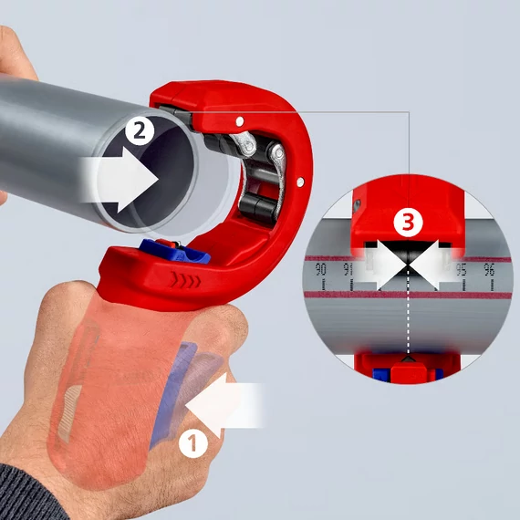 KNIPEX DPT50 Csővágó vastag falú műanyag csövekhez, 32/40/50mm, 2,5-3,5mm (90 23 02 BK)