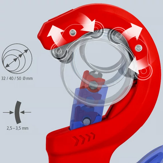 KNIPEX DPT50 Csővágó vastag falú műanyag csövekhez, 32/40/50mm, 2,5-3,5mm (90 23 02 BK)