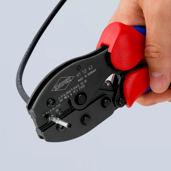KNIPEX PreciForce Krimpelő fogó MC4/MC4 EVO 2 csatlakozókhoz, 4-6mm2, AWG12-10, 220mm (97 52 42)