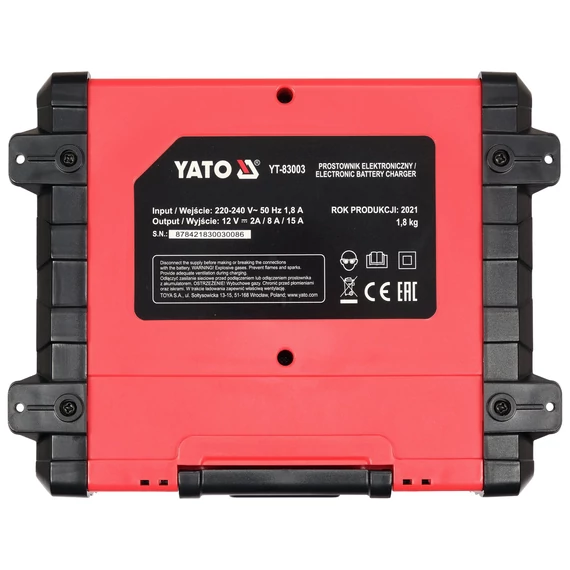 YATO LCD Kijelzős elektronikus akkumulátortöltő 12V/2A/8A/15A 200Ah (YT-83003)